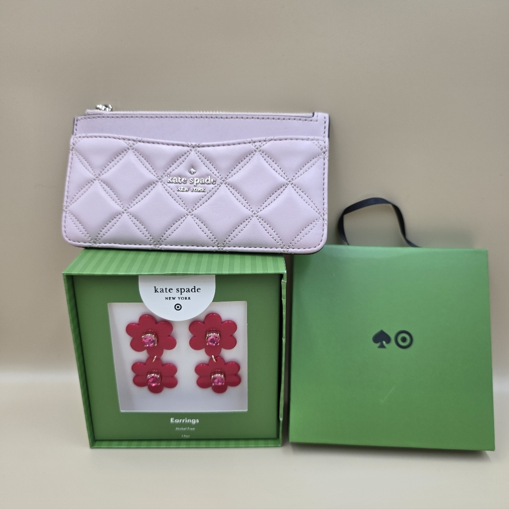 New Kate Spade Pink Quilted Slim Wallet &  Target Calab Pink Floral Earrings